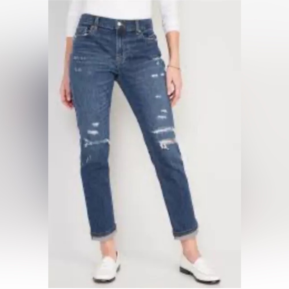 Old Navy Mid-Rise Boyfriend Denim Jeans Distressed‎ Womens Size 12 Tall (1431)
